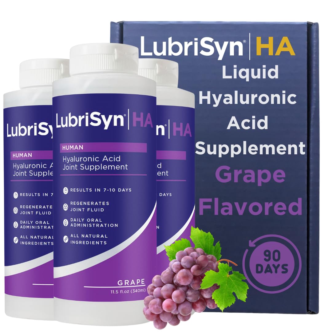 Lubrisyn Hyaluronic Acid Oral Joint Supplement – Liquid HA Formula for Humans – Promotes Joint Support, Mobility, Flexibility, Hydration & Healthy Function for Men & Women – Grape Flavor 3 x 11.5oz