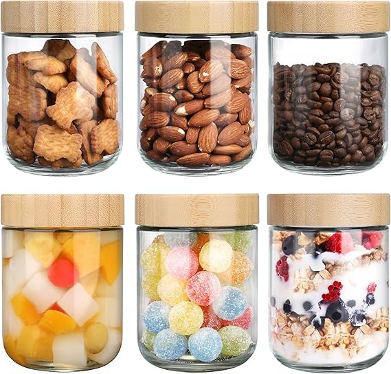 CASADELIGHT 500ML Glass Jars with Airtight Bamboo Lids – Wide Mouth Mason Jars for Overnight Oats, Salad, Yogurt, Snacks, Coffee, Sugar, Spices, and Food Storage – Set of Reusable Containers(6)