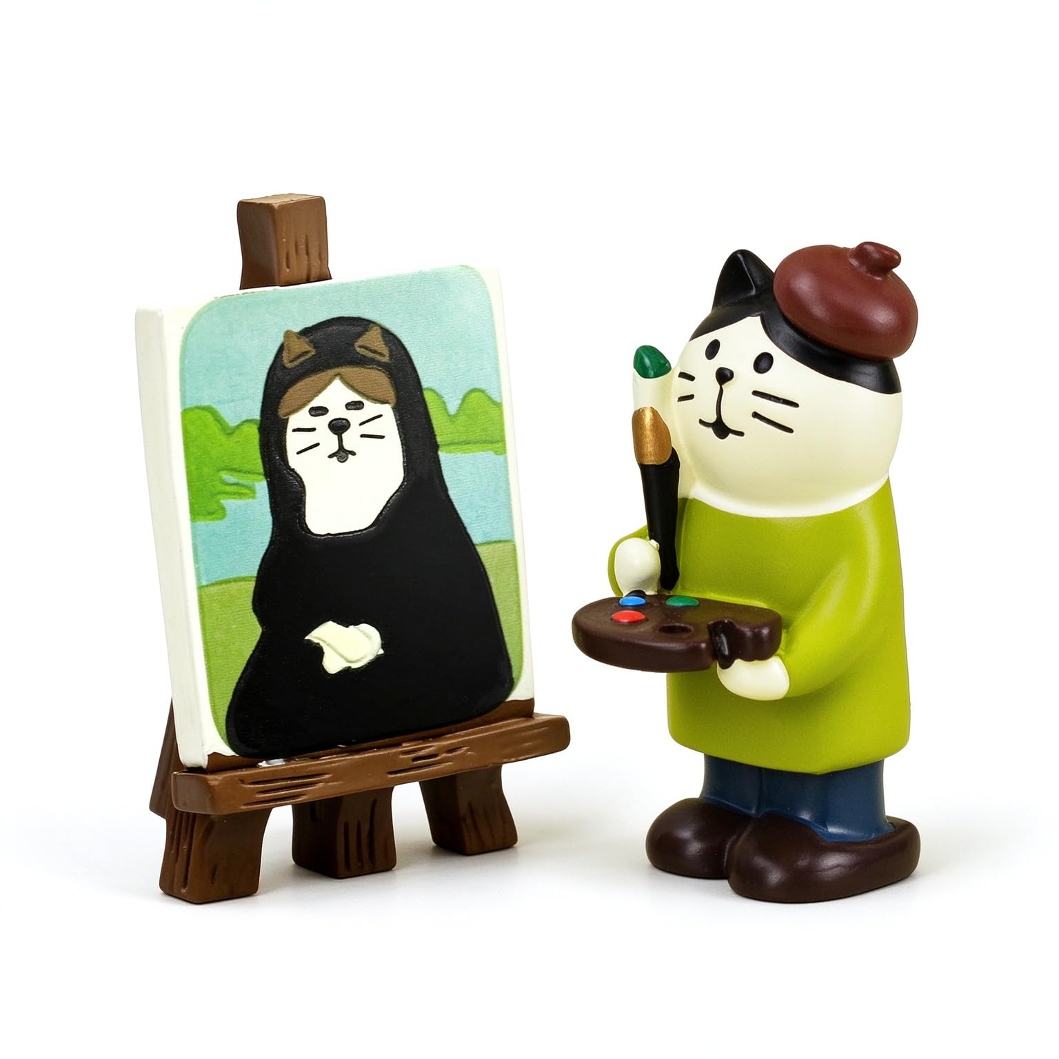 RAQWI Artist Cat with Painting Easel, Resin Mini Cat Figurine Desk Decor