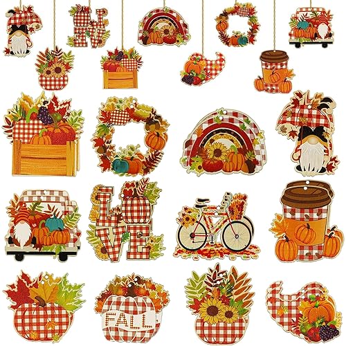 decorazione in legno, autunnale, 24 pezzi, zucca, foglia d'acero, gnomo, dipinta, per il giorno del