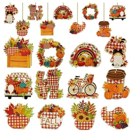 Decoración de otoño de madera, 24 colgantes de madera para otoño, decoración de madera, decoración de otoño, calabaza, hoja de arce, enanos, gnomos, decoración de madera pintada de colores para Acción