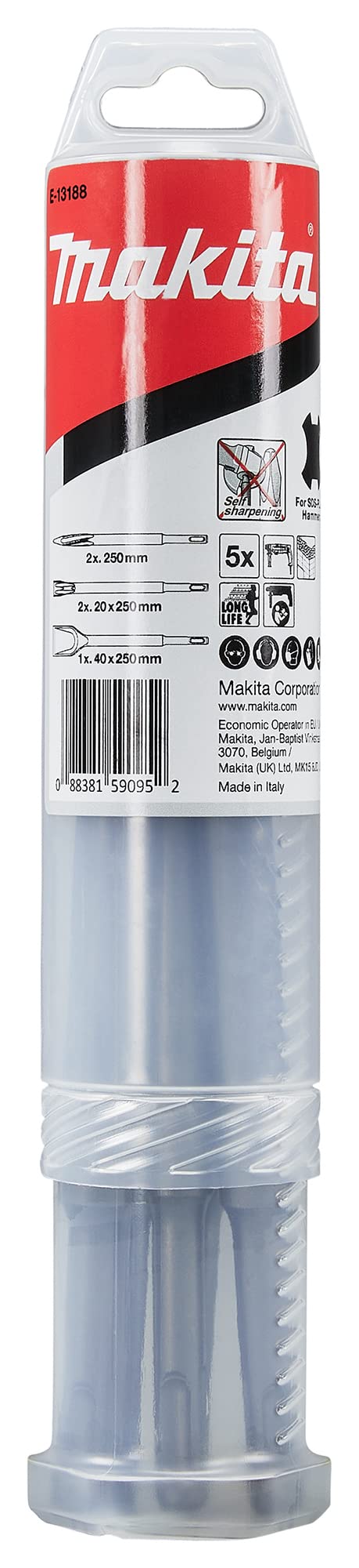 Makita E-13188 SDS-PLUS Meißel-Set 5-teilig, 2x Spitzmeißel, 2x Flachmeißel, 1x Breitmeißel, Longlife, selbstschärfend