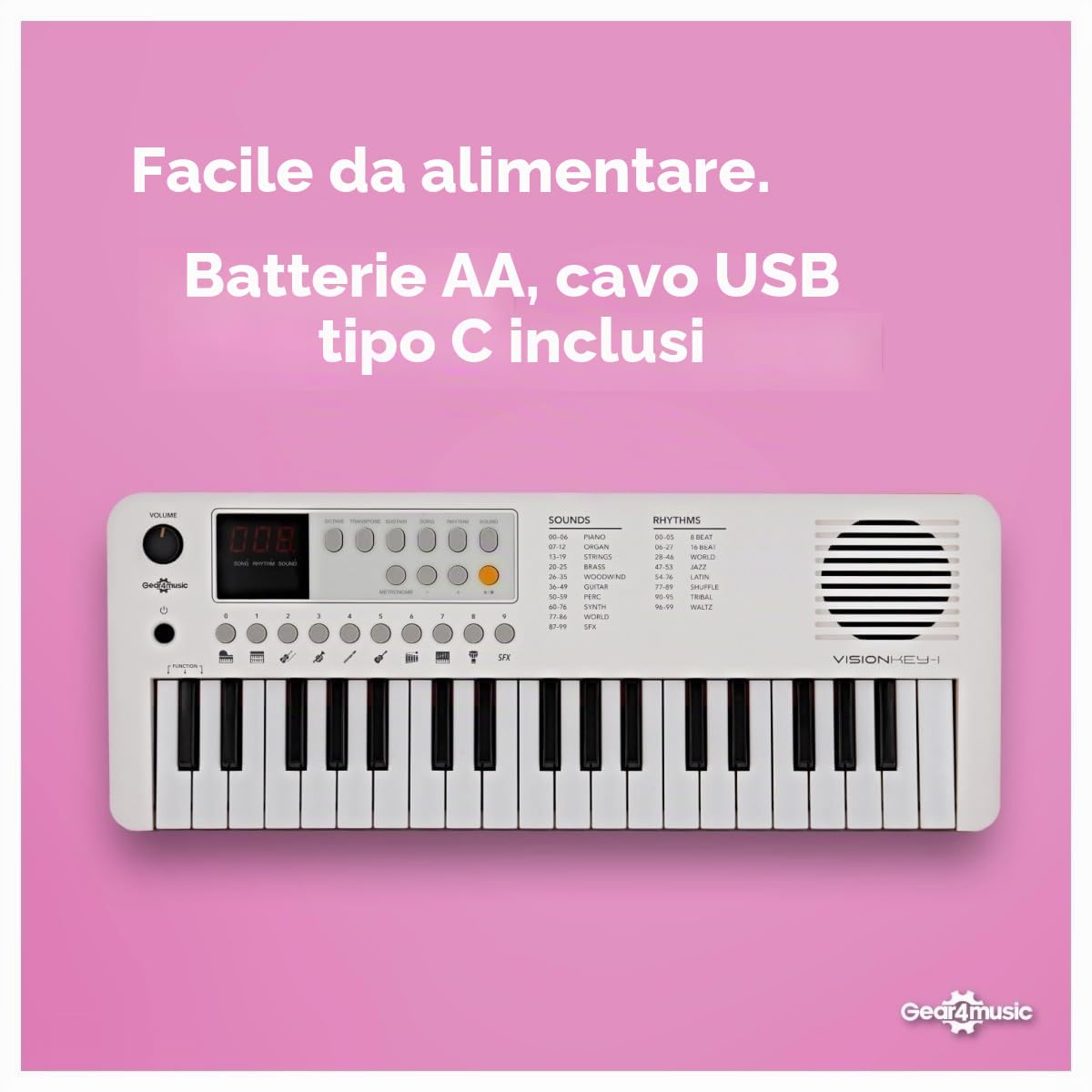 VISIONKEY-1 Mini Tastiera Digitale 37 Tasti per Bambini e Principianti | Piano Elettrico a Mini Tasti su 3 Ottave, 100 Suoni e Ritmi, Uscita Cuffie, USB-C o Batterie, Bianco