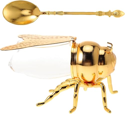 Luxshiny Tarro de miel de abeja recipiente de vidrio de miel con cuchara para cocina y hogar, dispensador de jarabe dorado para almacenar jarabe de