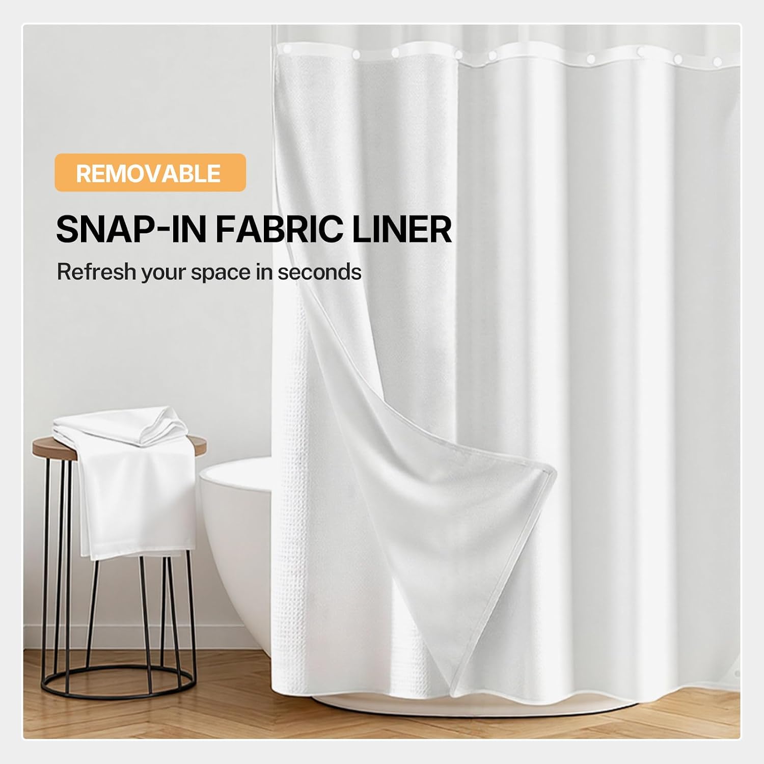 River Dream Snap in Fabric Shower Curtain Liner Replacement - 70W x 54H, White, with Magnets-Detachable Liner,(Fit 71(W) x 74(H) with Window Shower Curtain)