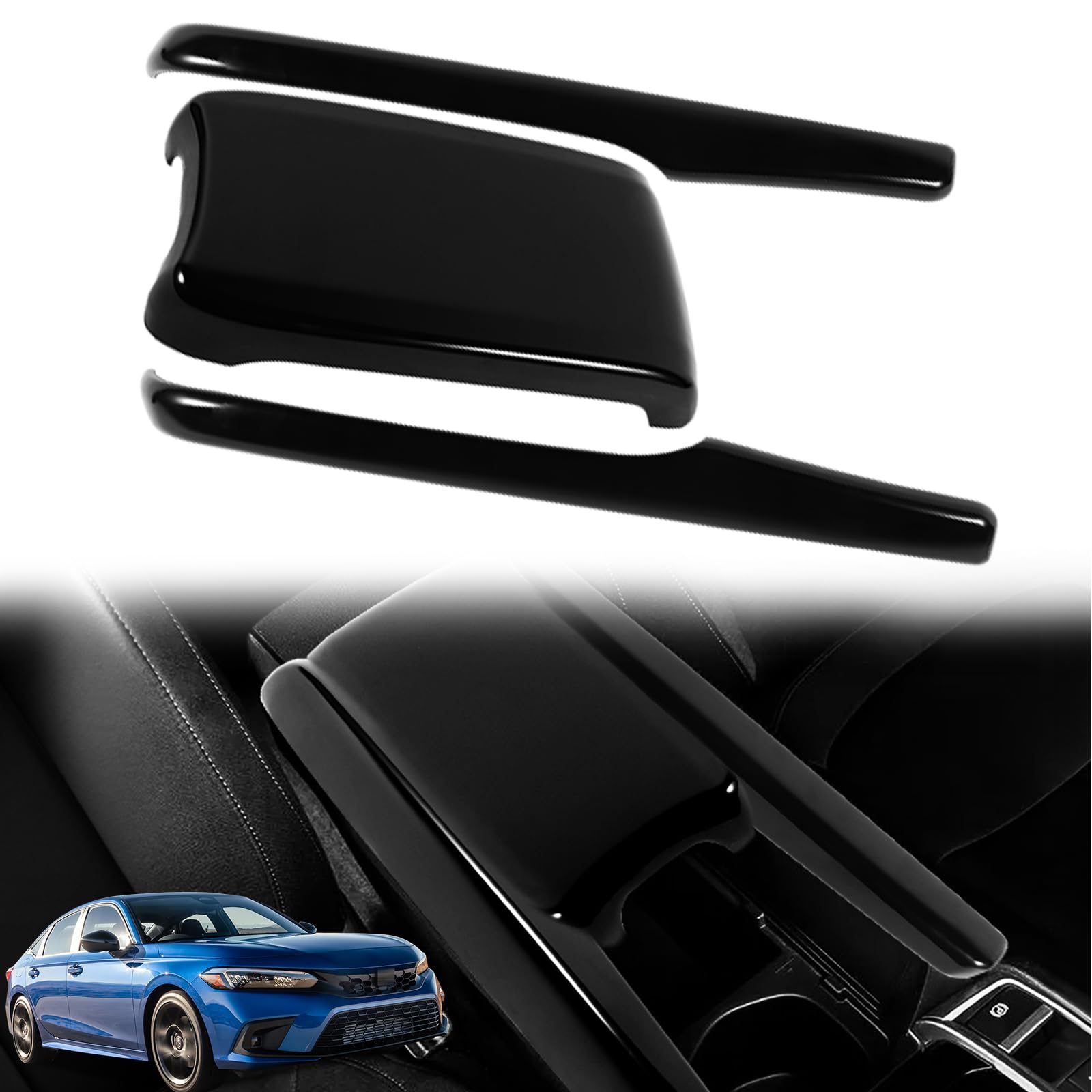 Interior Armrest Console Cover for 2016 2017 2018 2019 2020 Honda Civic 10th gen Honda Civic 2016-2021 Center Armrest Lips Cover Caps Civic Accessories (16-21Civic-Shinny Black 3pcs)