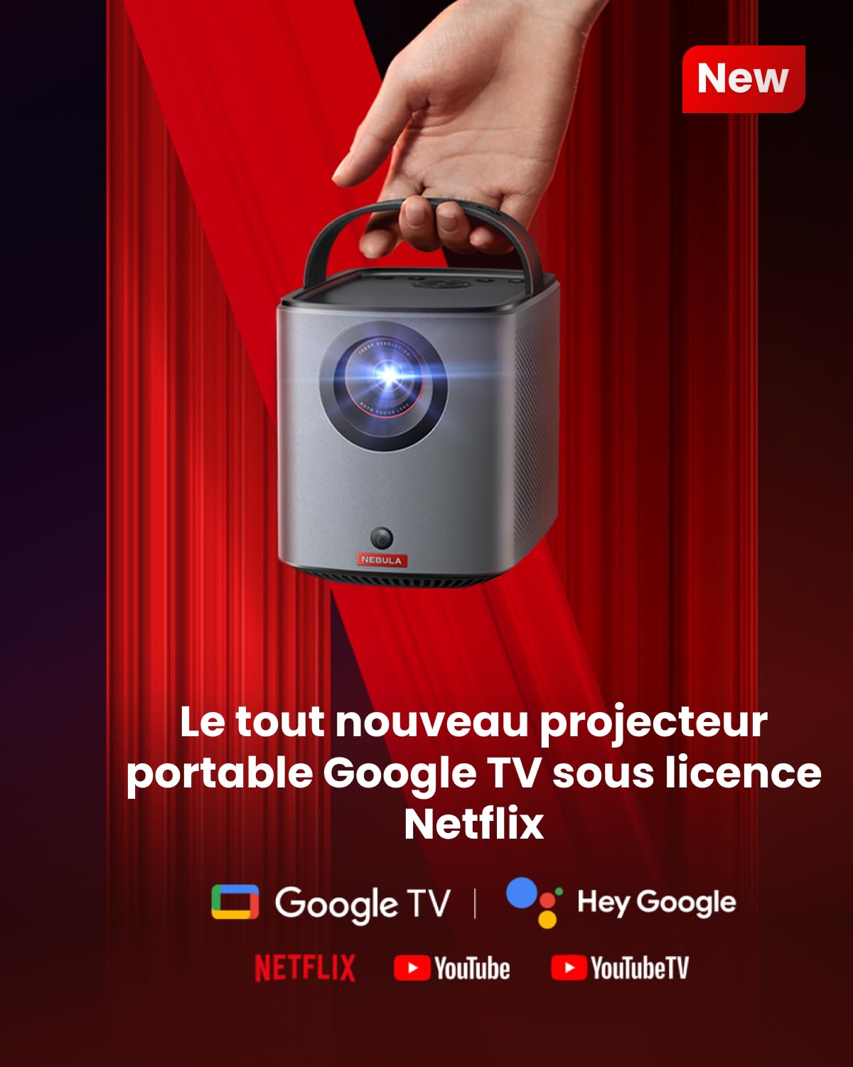Nebula Anker Mars 3 Air 1080p videoprojecteur, Mini projecteur Portable 400 ANSI lumens, Google TV Officiel, Dolby Digital, 2 * 8 W, Batterie intégrée, 2,5 h d'autonomie