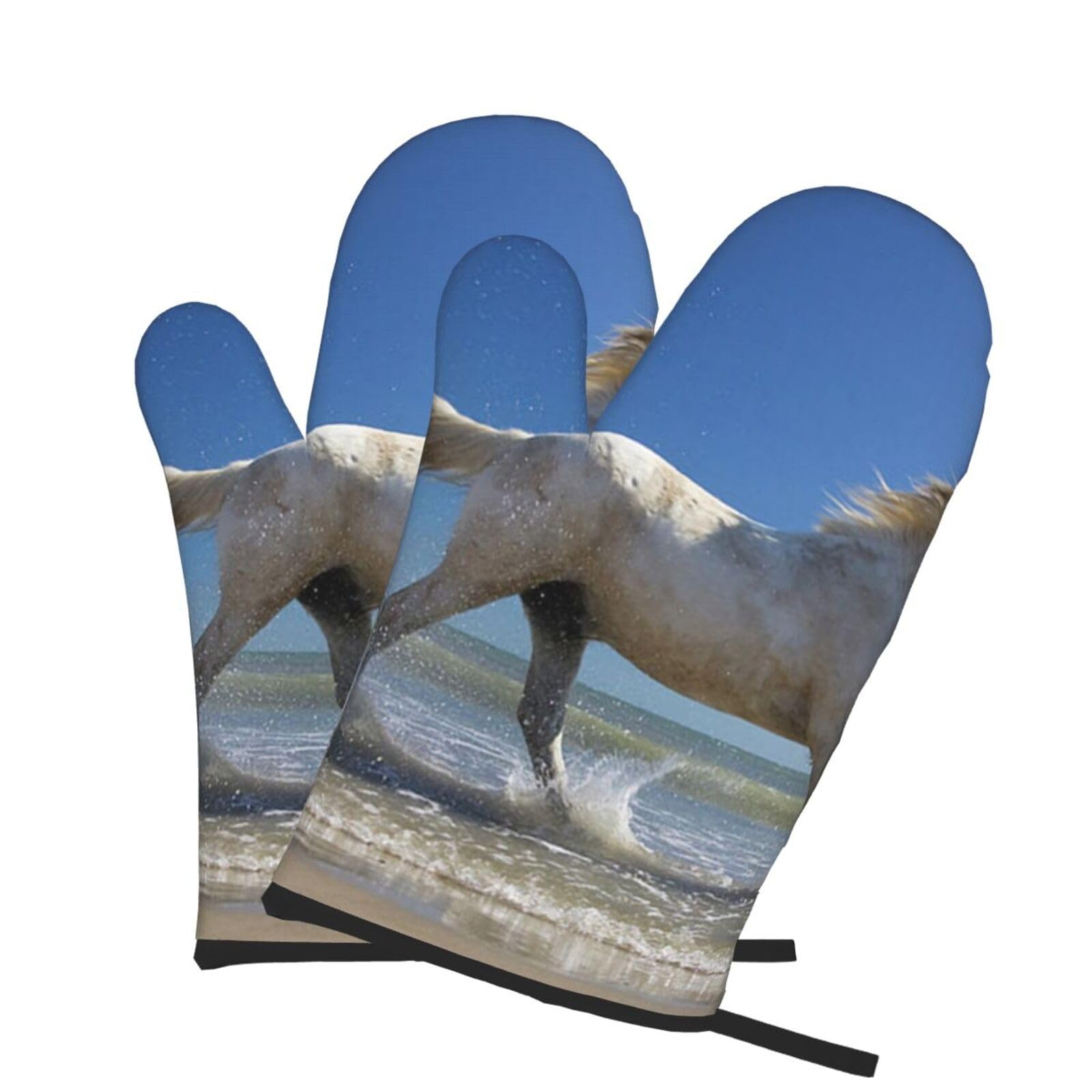 Oven Mitts Set of 2 Pcs, Sunsets Lake Horses Prints Heat Resistant Kitchen Gloves for Cooking Baking Grilling