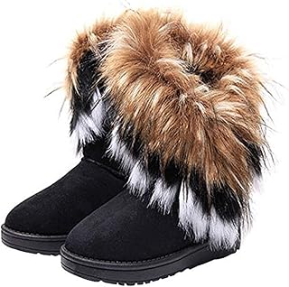 VFDB Women Mid Calf Boot Suede Faux Fur Tassel Outdoor Winter Snow Suede Flat.