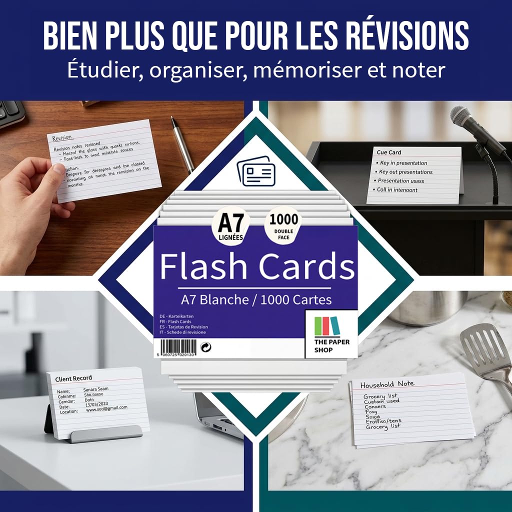 The Paper Shop Fiches Bristol A7 Lignées Blanches | 1000 Fiches de Révision 127 × 76 mm (5 × 3) | Flashcards Index Cards pour École Études Apprentissage Organisation Notes