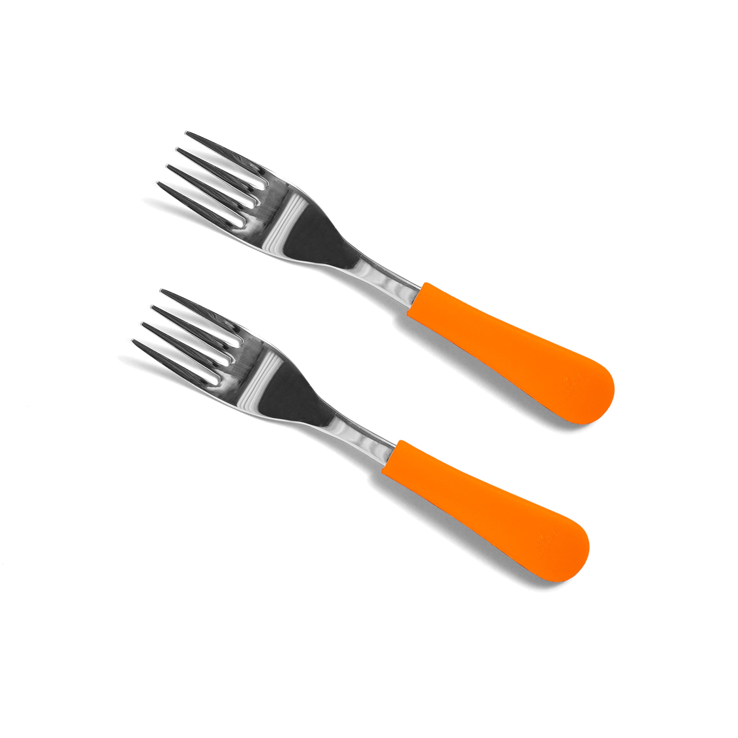 Avanchy Baby Fork Set, Stainless Steel and Silicone Spork Utensils, Toddler Baby Led Weaning Silverware Cutlery Flatware, Kids First Self Feeding 2 Pack, Orange Forks