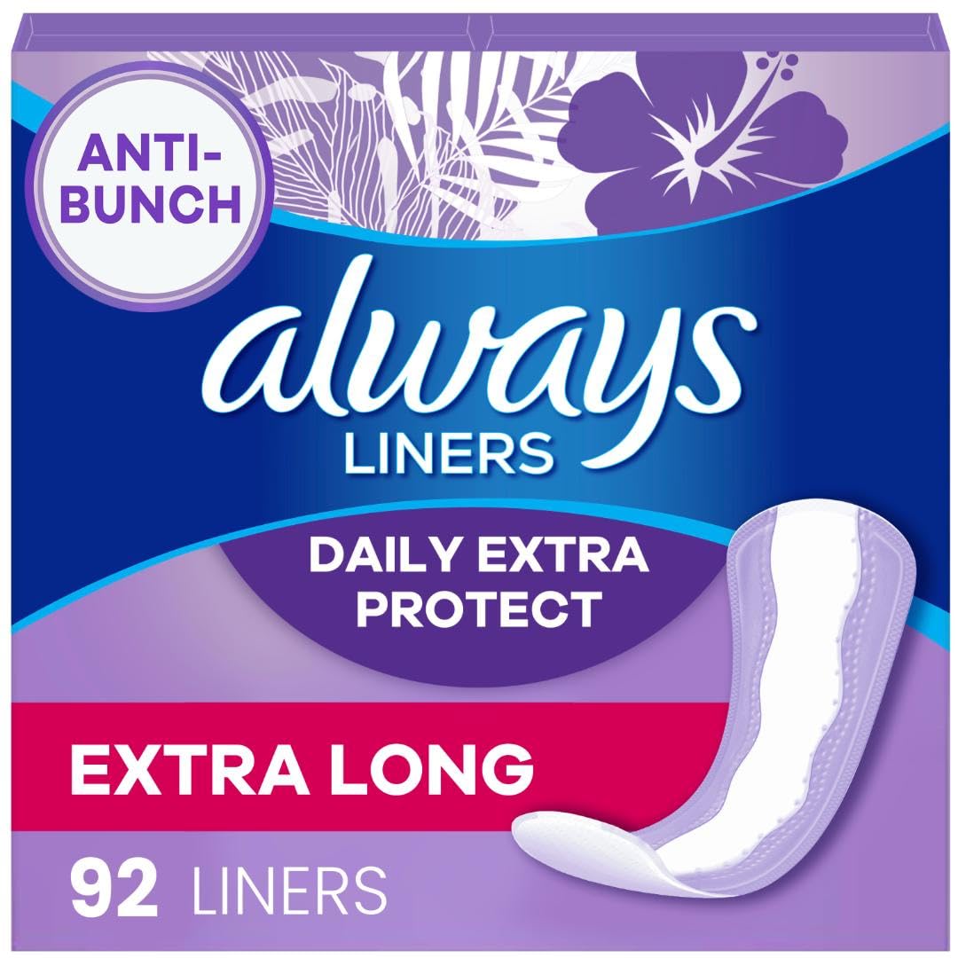 Always Anti-Bunch Xtra Protection, Panty Liners for Women, Light Absorbency, Extra Long Length, Leakguard + Rapiddry, Unsented, 92 Count