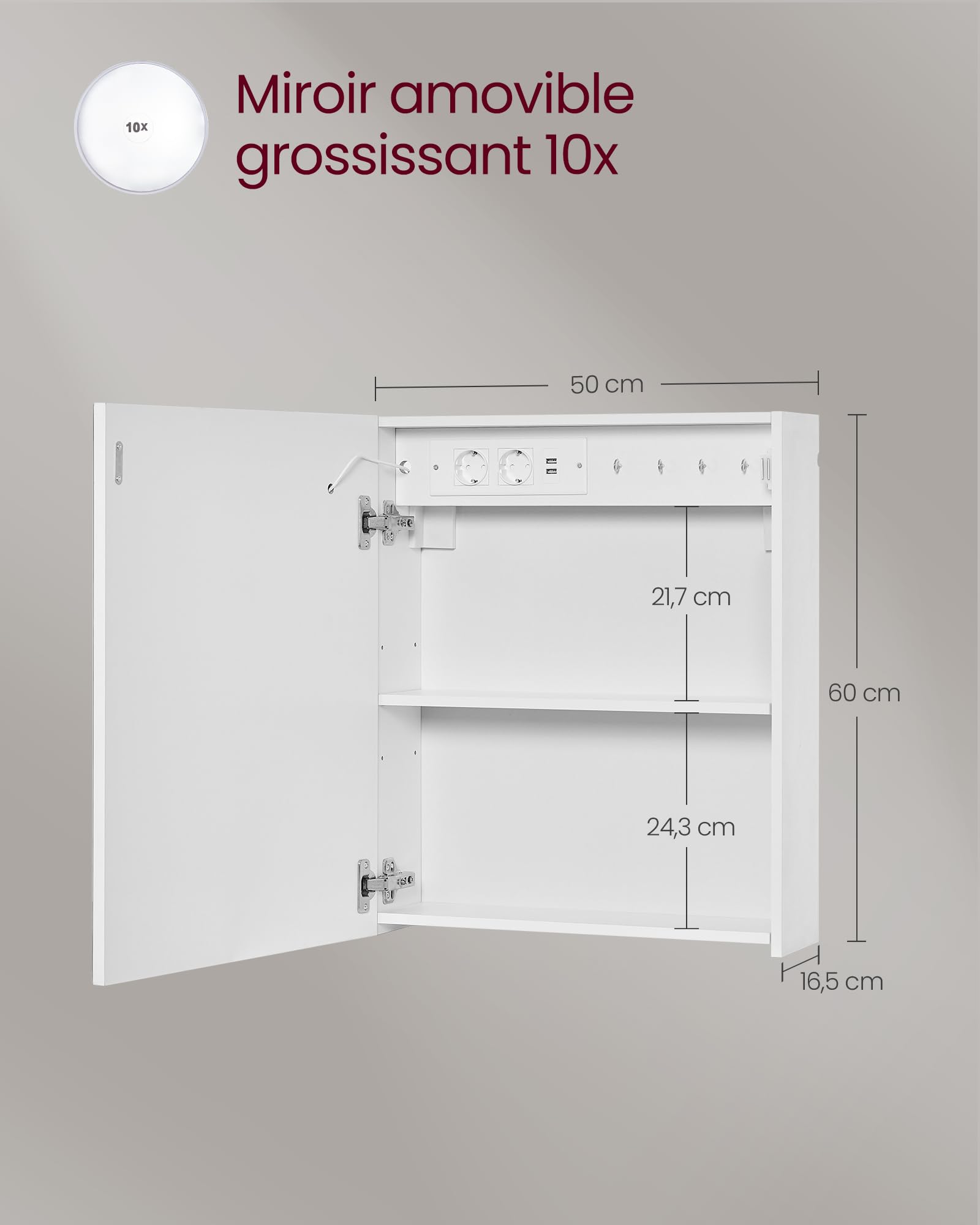 VASAGLE Kailyn Collection - Armoire Murale Salle de Bain avec Miroir, avec LED, Multiprise, Fonction Anti-buée, Miroir Grossissant 10x, Style Moderne, 16,5 x 50 x 60 cm, Blanc BBK133W01