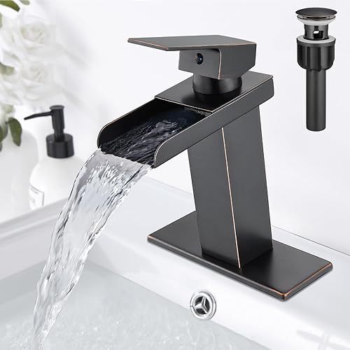 Midanya Grifo de baño de cascada de bronce aceitado con 1 agujero, grifo de lavabo de una sola manija, boquilla de boca ancha con drenaje