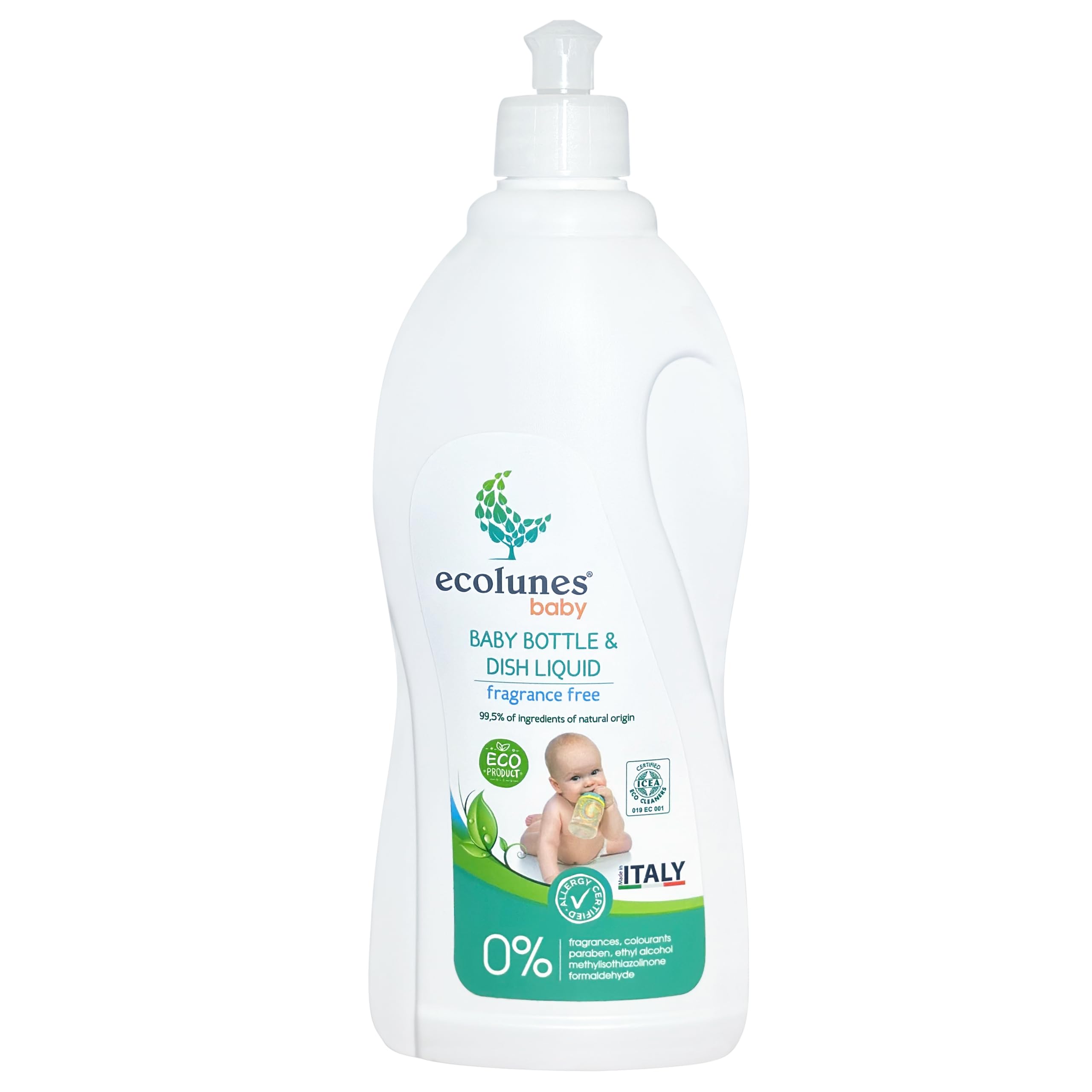 Ecolunes Liquido per biberon e piatti senza profumo 99,5% di ingredienti di origine naturale, non provoca allergie, realizzato con detergenti di origine vegetale, dermatologicamente testato, 750 ml