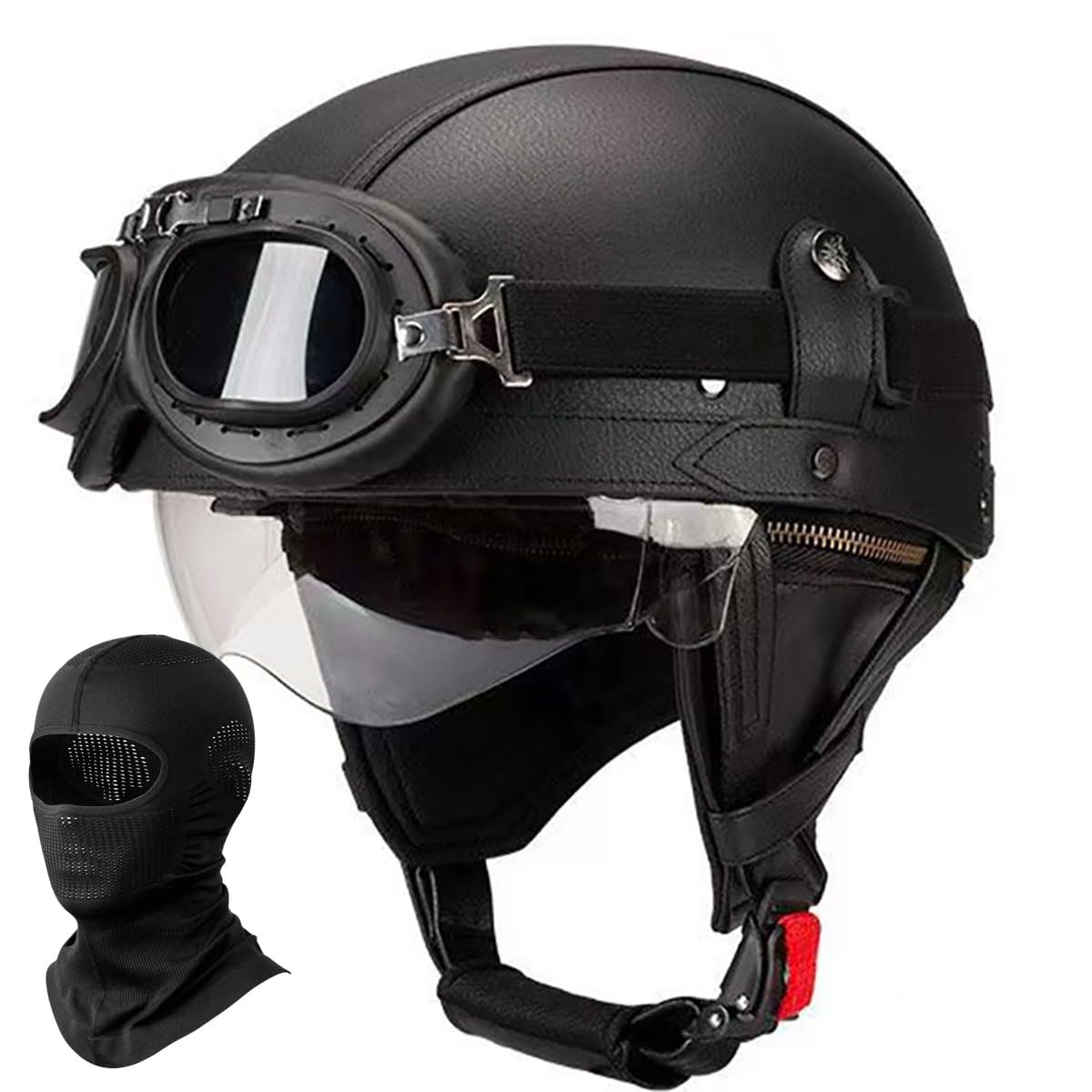 German Leather Motorcycle Half Helmet for Adults Men Women, Vintage, Half Shell Helmet ECE Approved Half Face Helmet with Goggles and Visor, for Bicycle Cruiser Scooter Chopper
