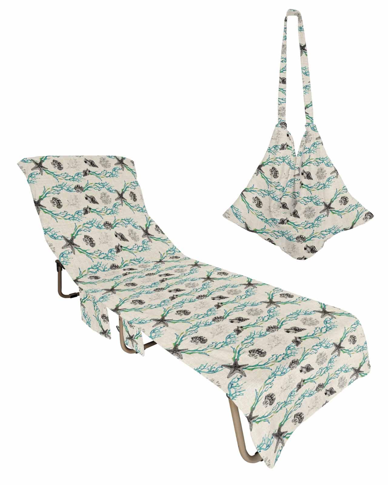 Teal Black Coastal Beach Lounge Chair Towel Cover, Soft Chaise Lounge Towel with Side Pockets Patio Pool Chairs Cover for Beach/Pool Sunbathing 29x85 Summer Beach Ocean Coral Starfish