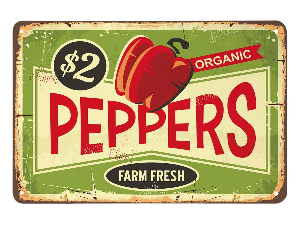 SMAZDFXX Peppers Tin Sign,Farm Fresh Organic Food Vintage Metal Tin Signs for Cafes Bars Pubs Shop Wall Decorative Funny Retro Signs for Men Women 5.5"x8"