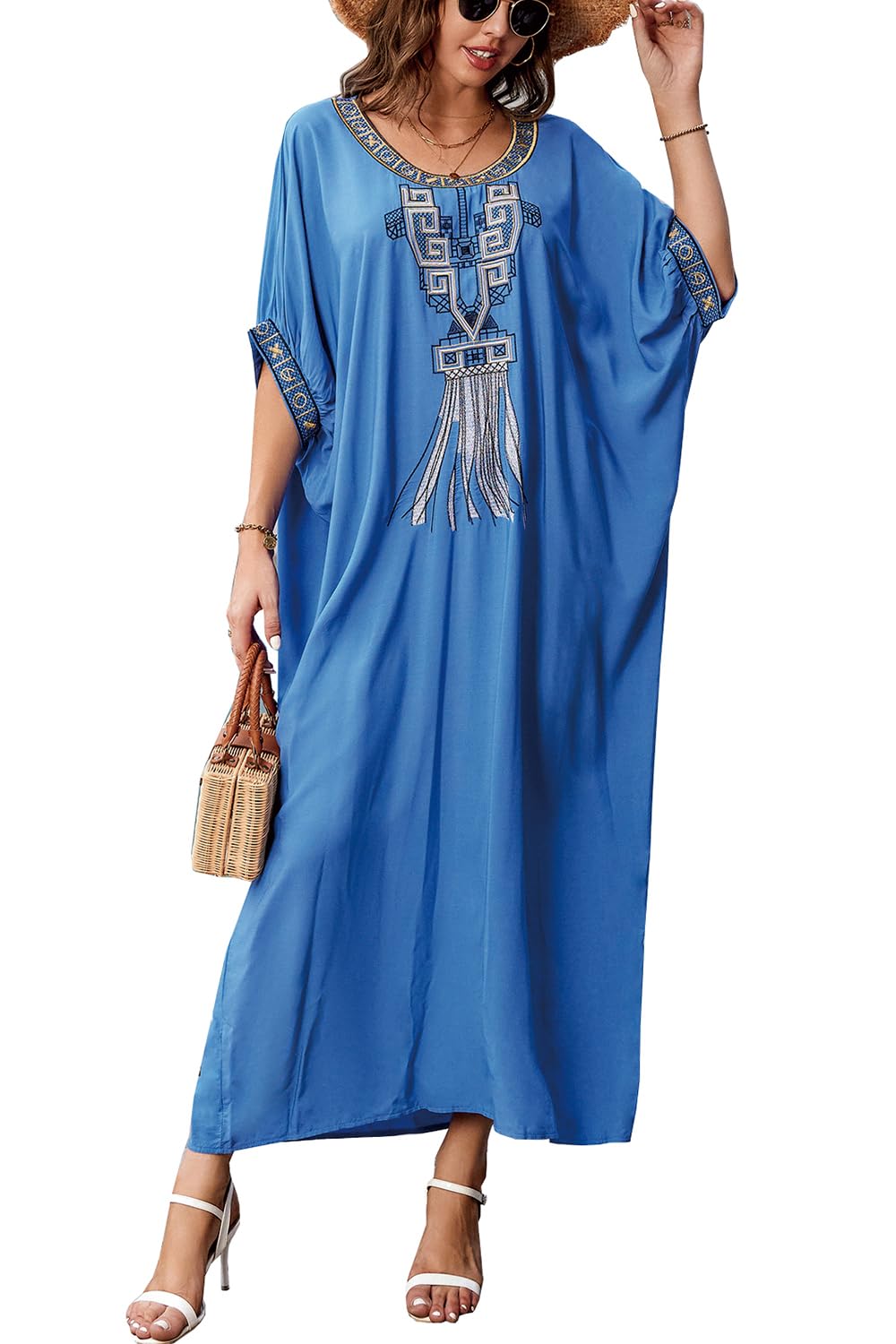 L-Peach Women's Blue Summer Long Beach Dress Kimono Maxi Kaftan Cover Ups