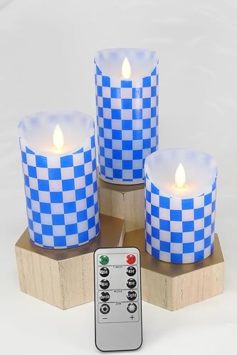 Juego de tres velas parpadeantes sin llama recubiertas de cera sin perfume con control remoto (azul real y blanco a cuadros)