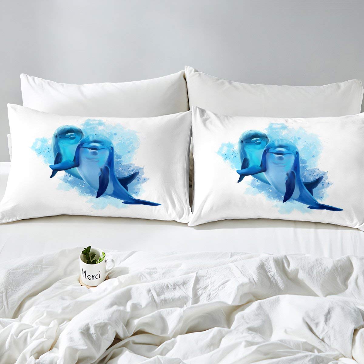 Set di biancheria da letto per bambini e ragazze con motivo di pesci, motivo marino, per bambini e ragazze e ragazzi subacquei, con simpatiche creature marine, blu, 3 pezzi, per letto matrimoniale