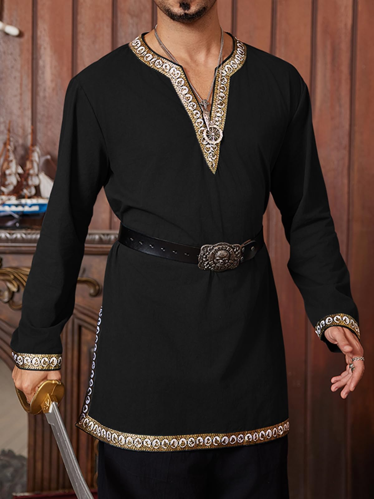 Runcati Men's Medieval Costume Renaissance Pirate Halloween Viking Tunic Knight Cosplay Warrior LARP Shirts, black, L - Image 2