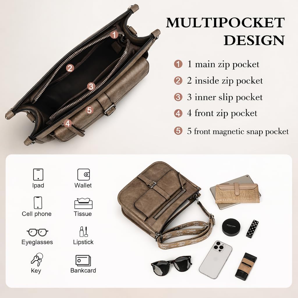 Crossbody Bags for Women Trendy, Vegan Leather Guitar Strap Purse Multi Pocket Medium Shoulder Bag Purses for Women