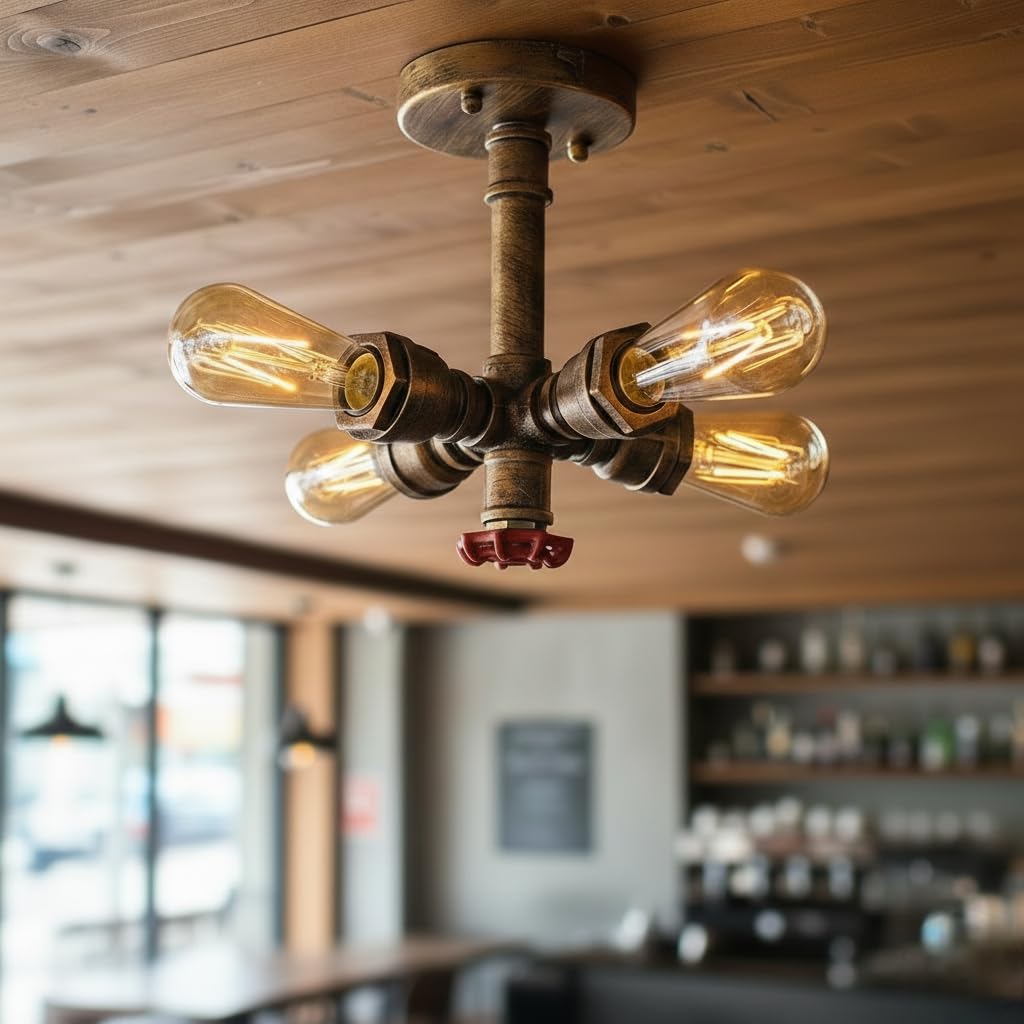 Industrial Pipe Chandelier Ceiling Light, 4-Light Vintage Steampunk Metal Water Pipe Pendant with E27 Edison Bulbs, Rustic Hanging Lighting Fixture for Kitchen, Dining Room, Cafe, Bar (Brushed Copper)