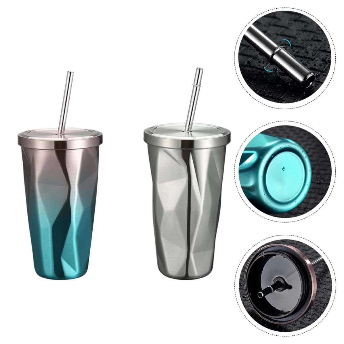 2 Stück pack Doppelwandige Edelstahl Isolierbecher mit Strohhalm Tragbar und Kreativ für Kaffee Zuhause oder Restaurant Modernes Design 500ml