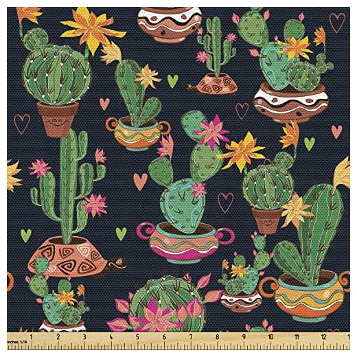 Ambesonne Cactus Print Fabric by The Yard, Colorful Layout of Different Shapes of Cacti with Flowers, Decorative Fabric for Upholstery and Home Accents, 1 Yard, Charcoal Grey