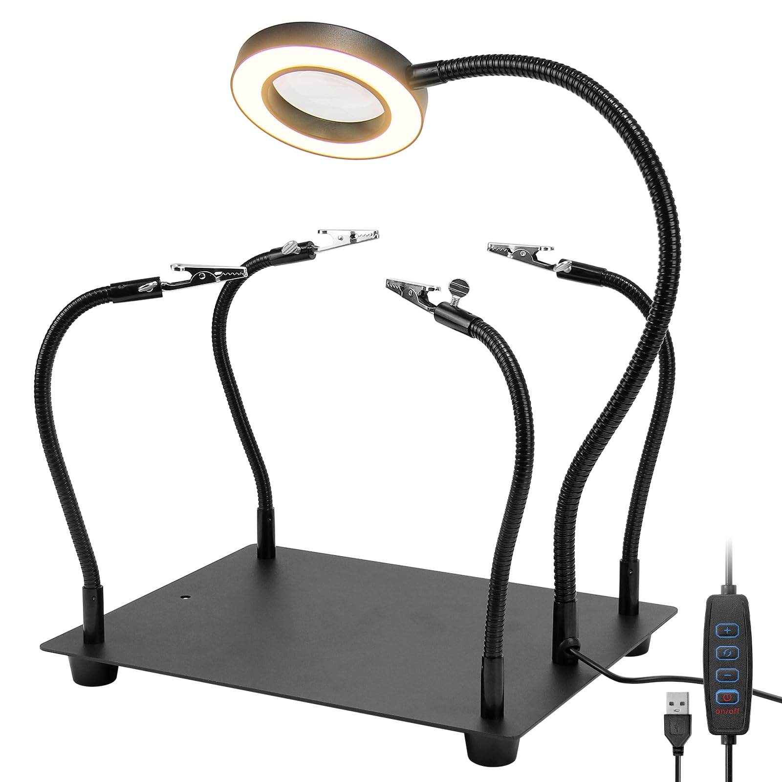 ELMCONFIG - Stazione di saldatura Helping Hands con lente d'ingrandimento 5X e luce, supporto per circuiti stampati in metallo con 4 bracci flessibili in metallo per saldatura, montaggio, riparazione