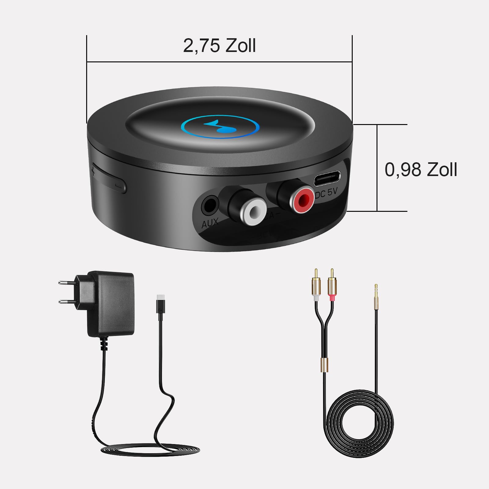 Bluetooth 5.2 HiFi Empfänger für Stereoanlage, Wireless Audio Receiver zum Nachrüsten von Verstärker und Lautsprecher, RCA Cinch & 3,5mm AUX, Netzbetrieb ohne Akku, HD Klang Streaming, Low Latency
