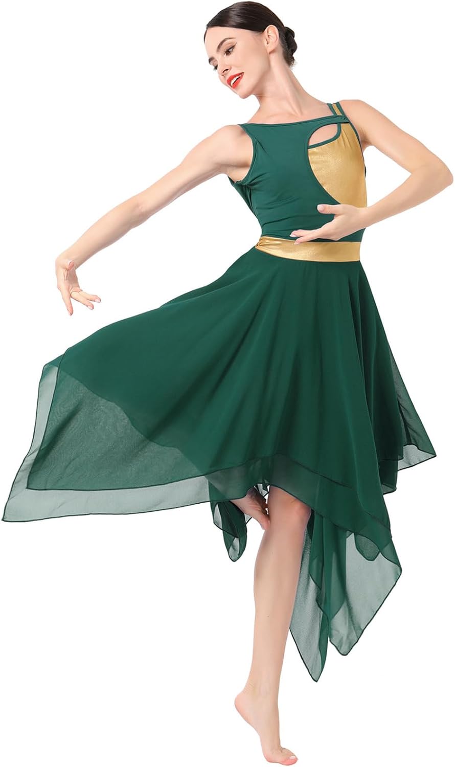 ODASDO Lyrical Dance Costumes for Women Contemporary Dancewear Sleeveless Cut Out Front Mesh Tulle Maxi Dress XS-XL