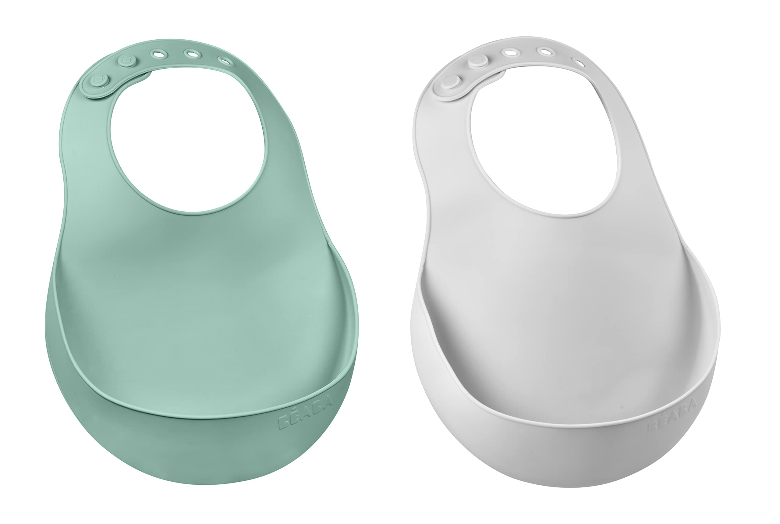BEABA, Set of 2 Waterproof Silicone Baby Bibs, Adjustable Neckband, Large Food Pocket, Soft, Lightweight, Ultra, Easy to Clean, Sage Green & Light Mist