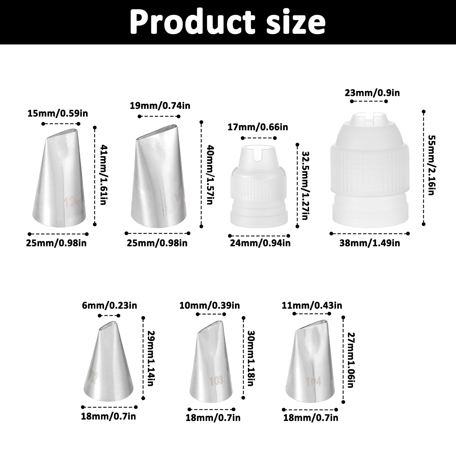 Petal Piping Tips Set with Coupler, 102, 103,104s,104,107 Flower Piping Tips, Stainless Steel Rose Icing Flower Decorating Tip for for Small, Roses, Petals, Ruffles, Bows