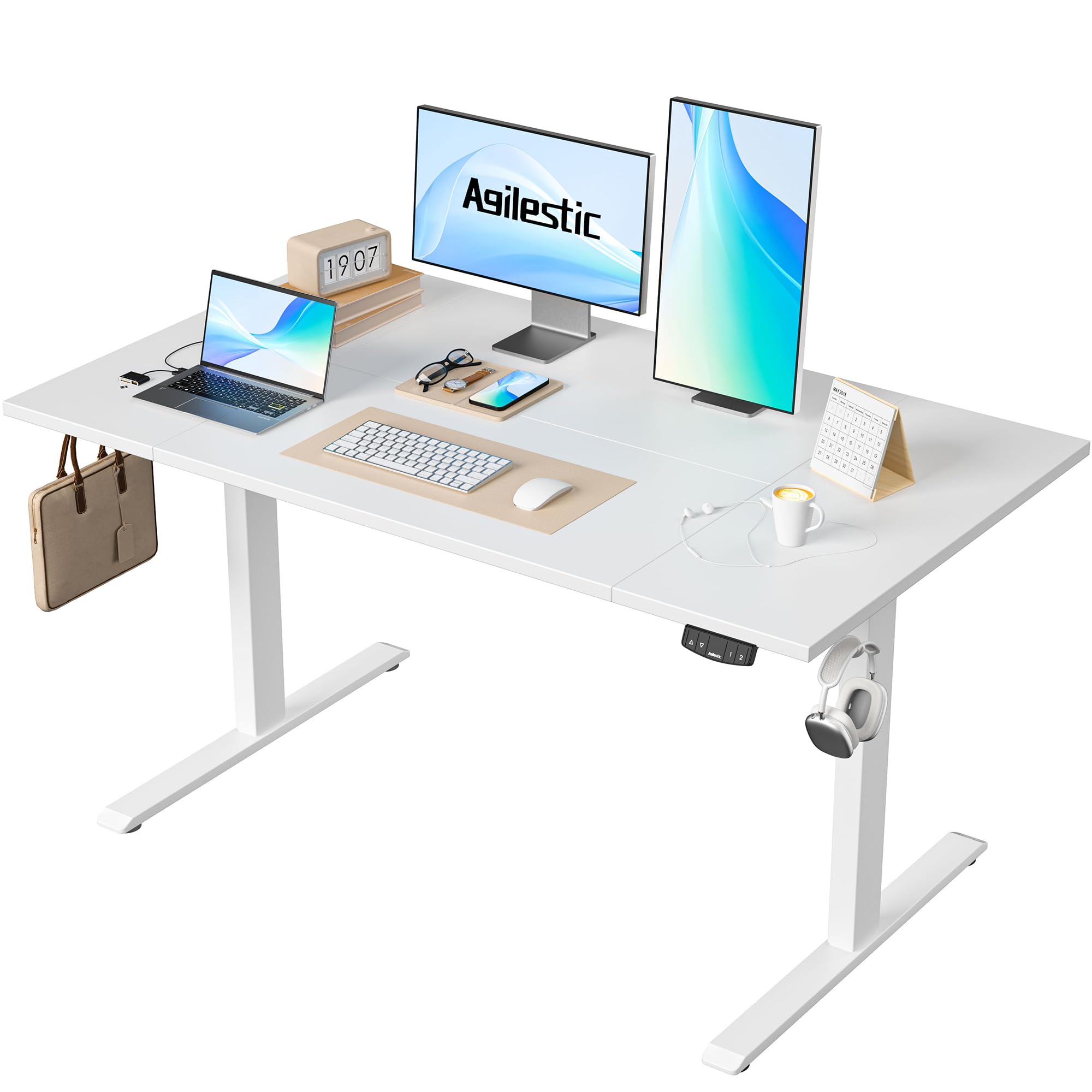 Agilestic Elektrisch Höhenverstellbarer Schreibtisch 140x80 cm, Sitz-Steh Stehpult mit Memory-Funktion, Höhenverstellbarer Computertisch, Gaming-Schreibtisch mit Vierteiliger Tischplatte,Weiß
