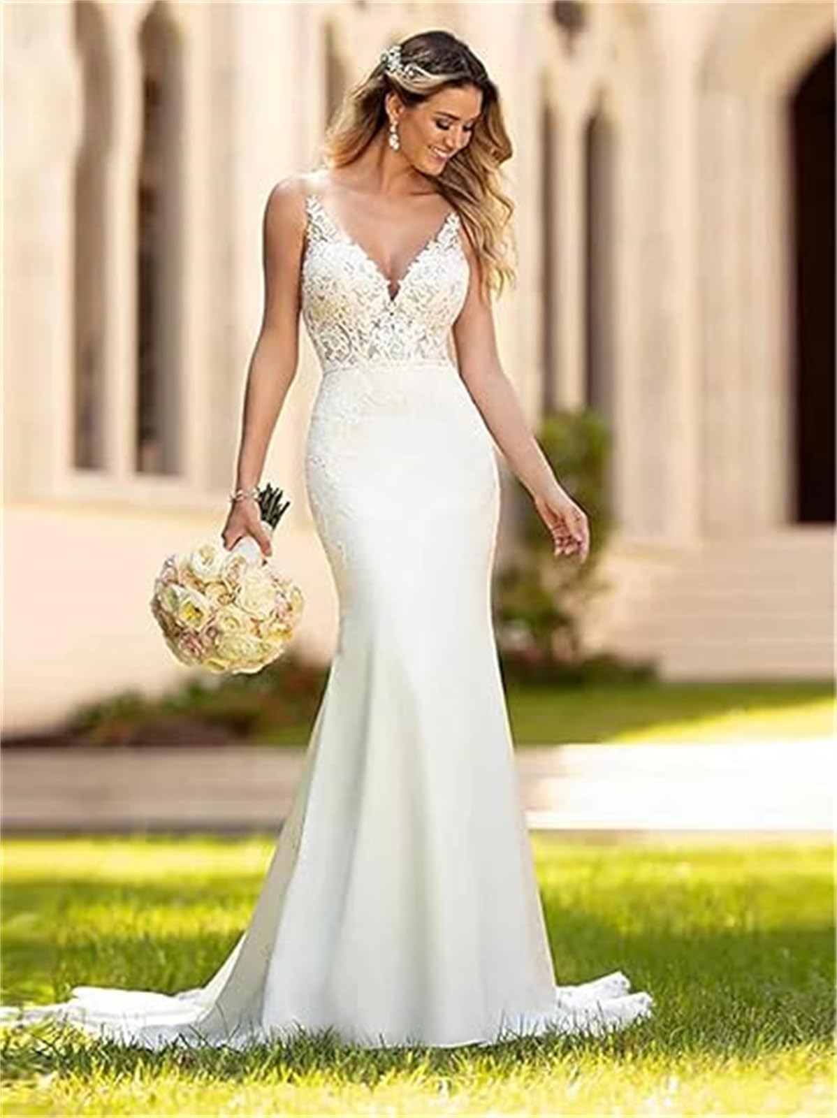 TSxuelian Vestidos de novia de satén para mujer, sin mangas, estilo bohemio, largo, de encaje