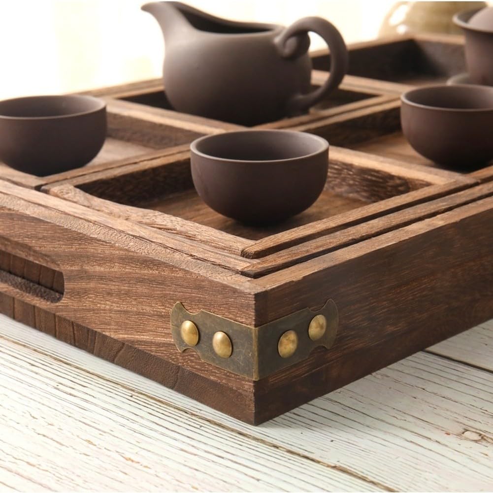 Set Bandeja Té para madera Sólida Japonés 7 Unidades para superficie Pulida para Café Postres Sala Comedor 27.5x27.5cm(A)