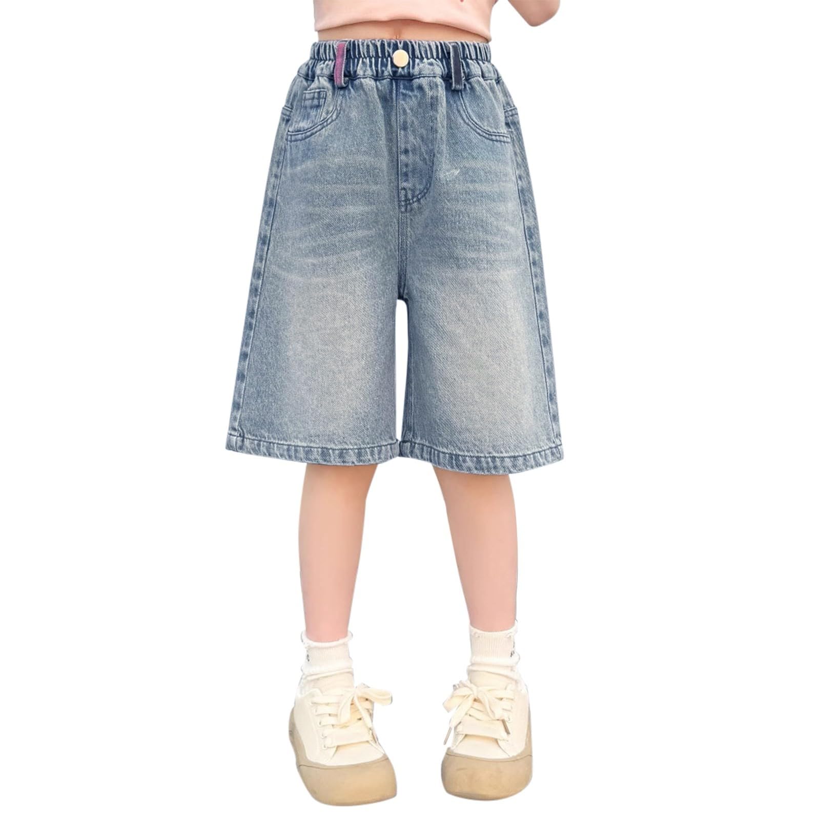 Short en jean élastique taille haute pour filles - Bermuda ample ample pour l'été tendance pour enfants