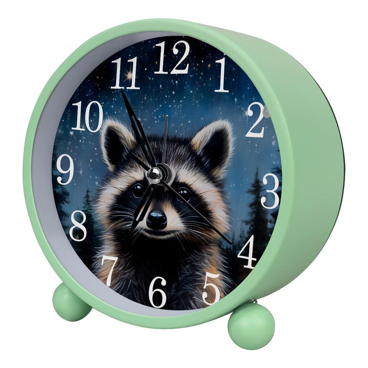 Luoweisi Alarm Clock Forest Raccoon Starry, Silent Non-Ticking with Night Light, Round Metal Alarm Clock for Office, Battery Operated, Bedroom, Elderly, Adults, Children, Student Gifts