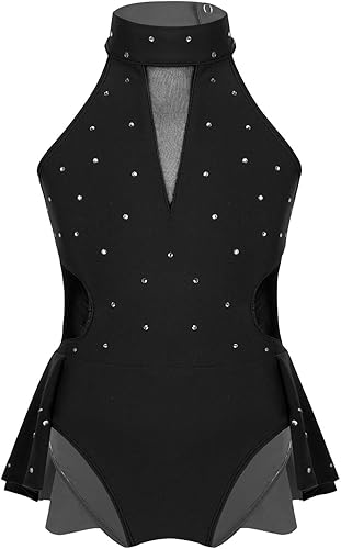 JEATHA Vestido de patinaje sobre ruedas con diamantes de imitación sin mangas con diamantes de imitación para niñas y niñas, leotardo de gimnasia