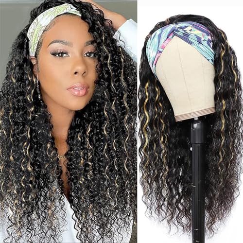 Image of Headband Wig Curly 1B /27 Deep Wave 18 Inches 100% Human Hair ,Headband wigs for black women Glueless None Lace Front Wigs Machine Made 150% Density headband wig human hair with Headbands(18 Inches)