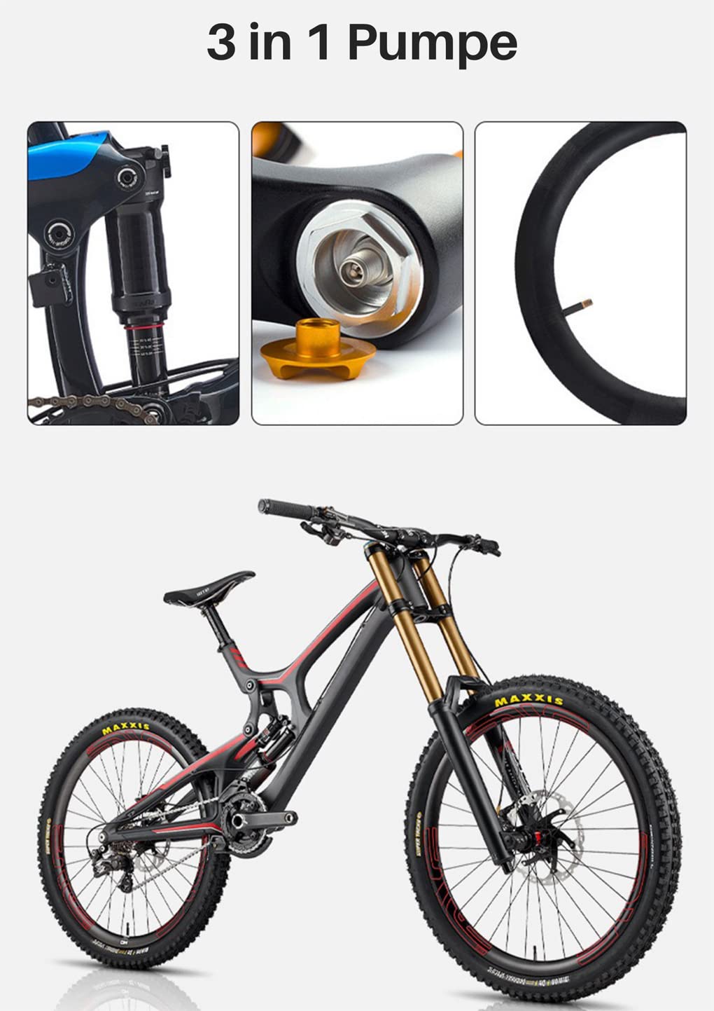 E-Bike Fahrradpumpe Barometer Dämpferpume Hochdruck Luftpumpe Gabel Pumpe Fahrrad Ventilpumpe Schrader-Ventil Presta-Ventil 300 PSI (20 Bar) Druckleistung Druckknopf-Entlüftungsventil