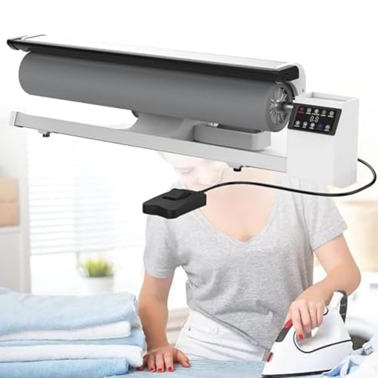 Rollbügelmaschine mit digitalem Drehdampfer für effiziente Wäsche- und Stoffpflege