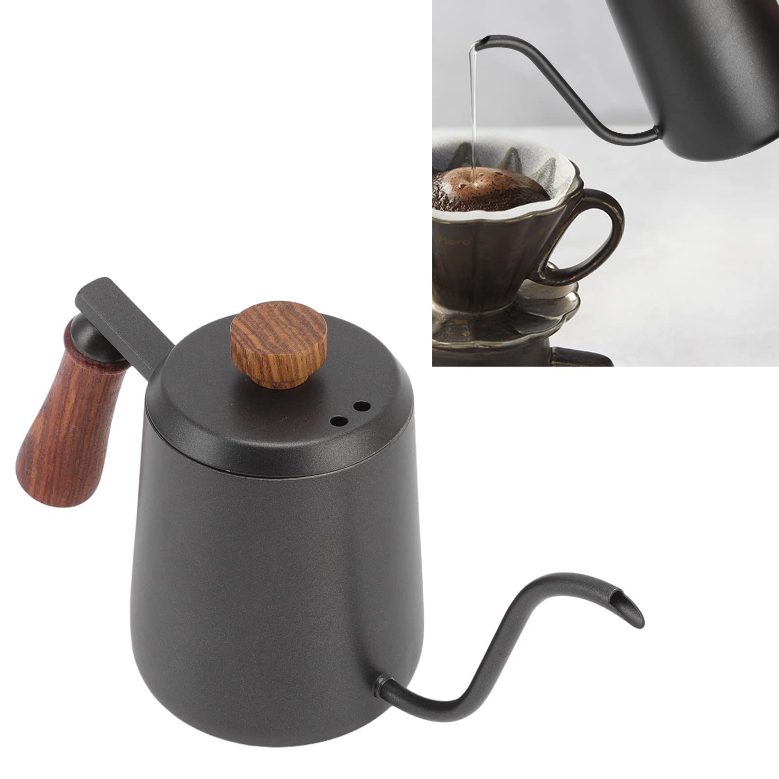 Stainless Steel Coffee Hand Pot with Wooden Handle Long Mouth oxidation Proof Polished TOPSIDE Smooth Portable for Kitchen (Black 600ml)