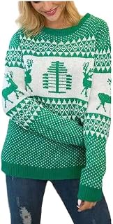 VAAX Sweater for Women, Ladies Christmas Jumper Green Geometry Christmas Elk Casual Sweatshirt Crew Neck Long Sleeve Pullover Tops Blouse Loose Sweater T Shirt for Xmas