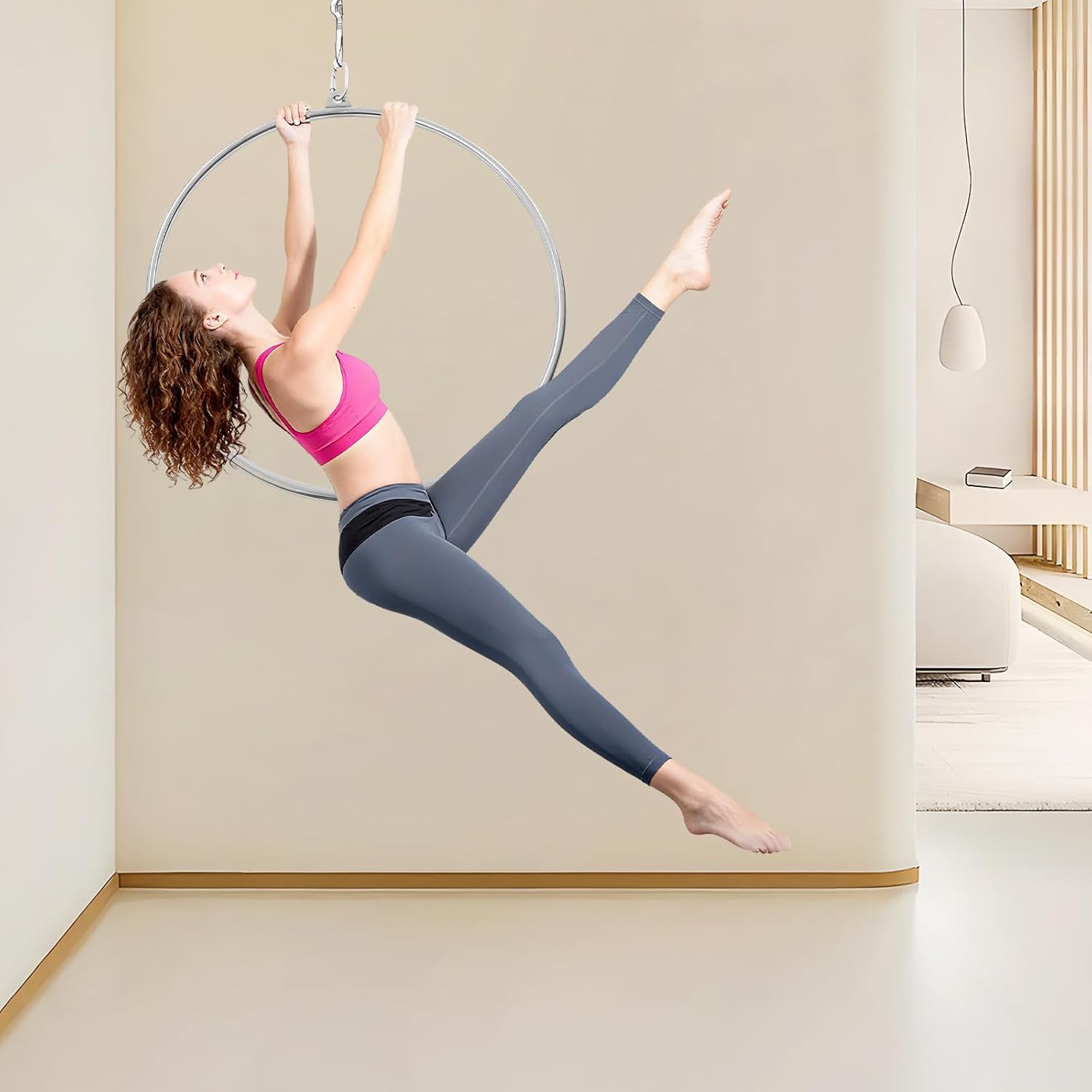 25mm Aerial Hoop, 253lbs Max Load Gymnastics Rings, 210 Stainless Steel Single-Point Swinging Rings with Nylon Rope & Fixing Plate for Fitness/Dance/Performance (Silver)