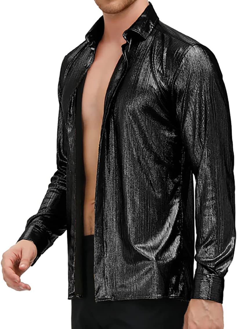 PJ PAUL JONES Men's 70s Disco Shirts Luxury Metallic Sequins Button Down Long Sleeve Party Shirt Nightclub Costume Tops