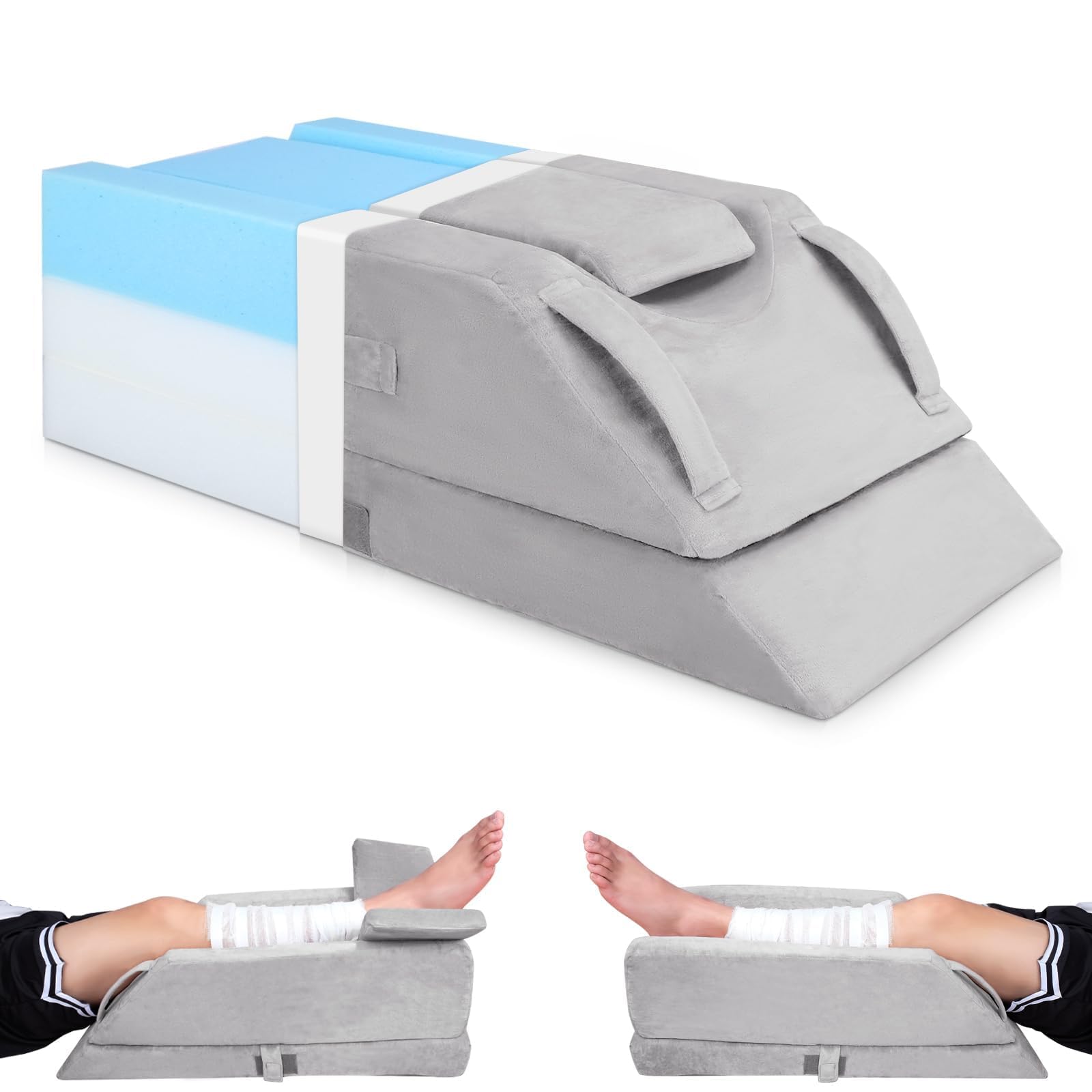 Coussins Relève-Jambes réglable en 4 hauteurs, Idéal après une Chirurgie, pour Blessures ou Détente, Mousse Mémoire Orthopédique, Doté de 3 Poignées et d'un Insert Amovible, Housse en Velours Lavable