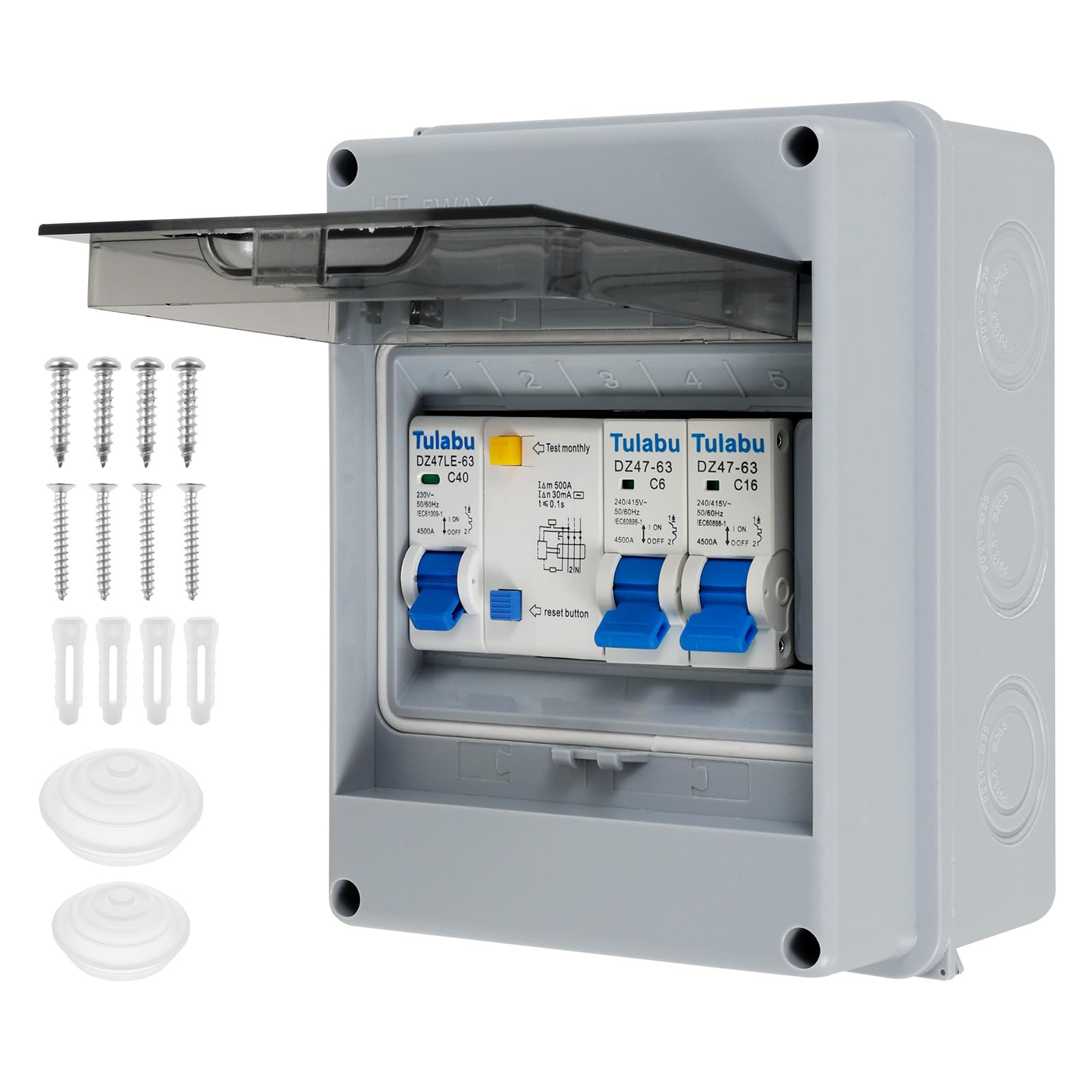 2 Way Garage Consumer Unit, IP65 Protection Garage Caravan Consumer Unit, 40A 30mA RCD 2MCB 6A+16A, Circuit Breaker, Anti-Leakage Fuse Box for Garages, Caravans, Workshops, Outbuildings